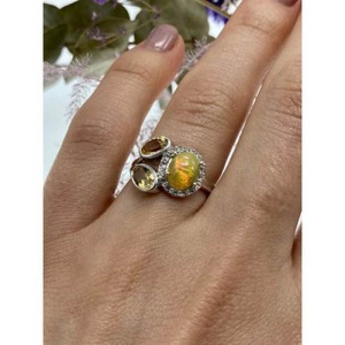 925 Sterling Silver Opal, Heliodor & CZ Ring Size 6