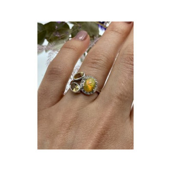 925 Sterling Silver Opal, Heliodor & CZ Ring Size 6