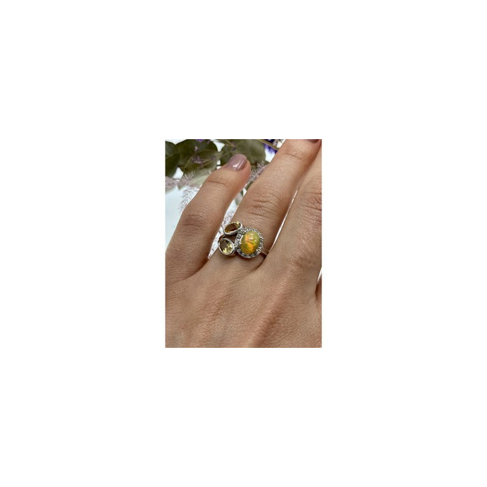 925 Sterling Silver Opal, Heliodor & CZ Ring Size 6