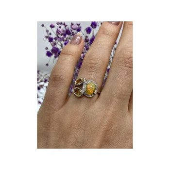 925 Sterling Silver Opal, Heliodor & CZ Ring Size 6
