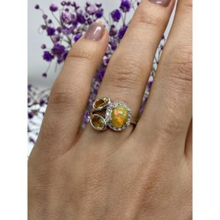 925 Sterling Silver Opal, Heliodor & CZ Ring Size 6