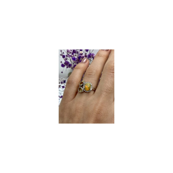 925 Sterling Silver Opal, Heliodor & CZ Ring Size 6
