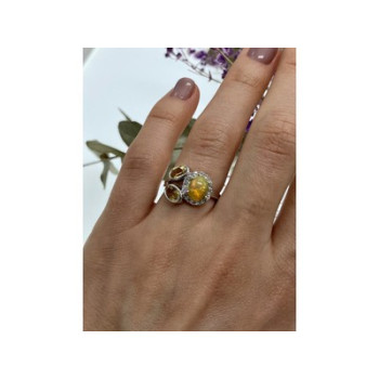 925 Sterling Silver Opal, Heliodor & CZ Ring Size 6