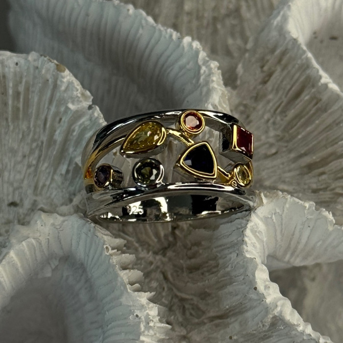 925 Sterling Silver Gold Plated Part Multi Color Gemstones Ring Size 8