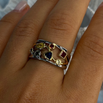 925 Sterling Silver Gold Plated Part Multi Color Gemstones Ring Size 8