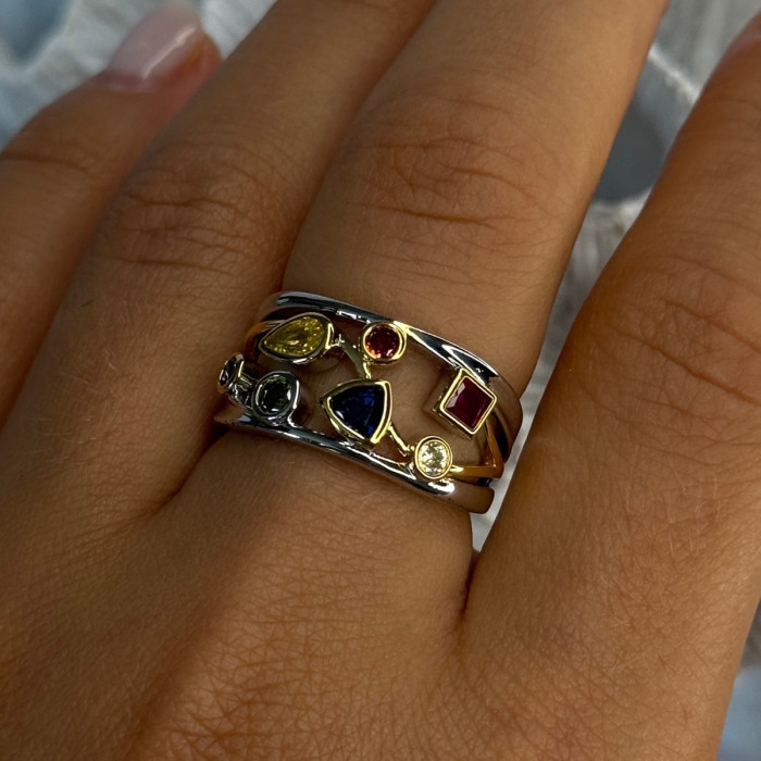 925 Sterling Silver Gold Plated Part Multi Color Gemstones Ring Size 8
