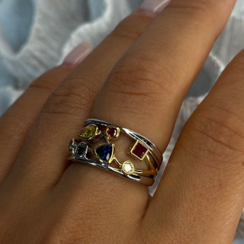 925 Sterling Silver Gold Plated Part Multi Color Gemstones Ring Size 8