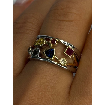 925 Sterling Silver Gold Plated Part Multi Color Gemstones Ring Size 8