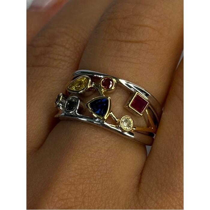 925 Sterling Silver Gold Plated Part Multi Color Gemstones Ring Size 8
