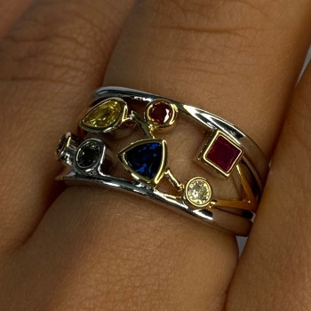 925 Sterling Silver Gold Plated Part Multi Color Gemstones Ring Size 8