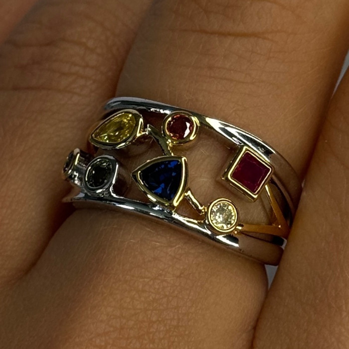 925 Sterling Silver Gold Plated Part Multi Color Gemstones Ring Size 8