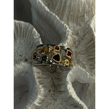 925 Sterling Silver Gold Plated Part Multi Color Gemstones Ring Size 8