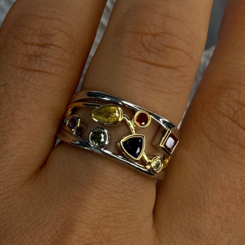 925 Sterling Silver Gold Plated Part Multi Color Gemstones Ring Size 8
