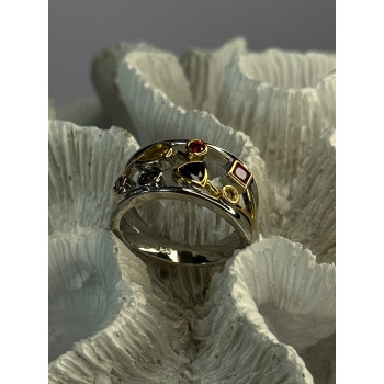 925 Sterling Silver Gold Plated Part Multi Color Gemstones Ring Size 8