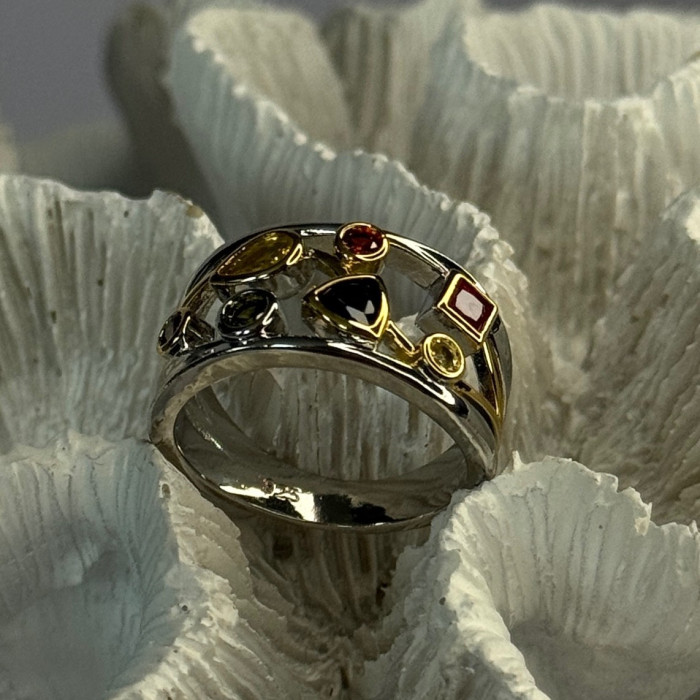 925 Sterling Silver Gold Plated Part Multi Color Gemstones Ring Size 8