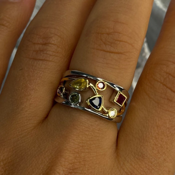 925 Sterling Silver Gold Plated Part Multi Color Gemstones Ring Size 8