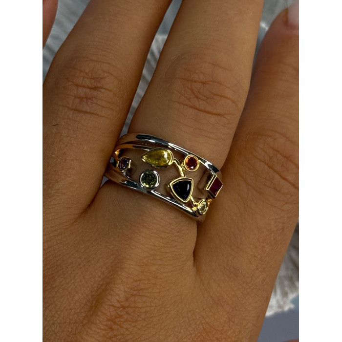 925 Sterling Silver Gold Plated Part Multi Color Gemstones Ring Size 8