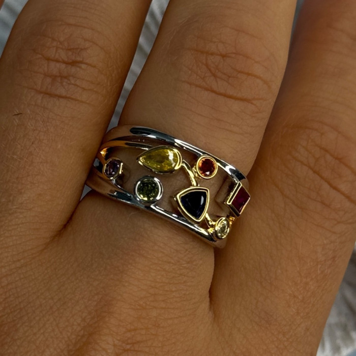 925 Sterling Silver Gold Plated Part Multi Color Gemstones Ring Size 8