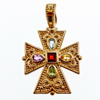925 Sterling Silver Gold Plated Multi Gemstones Cross Pendant