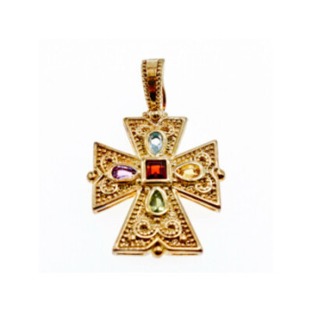 925 STERLING SILVER GOLD PLATED MULTI GEMSTONES CROSS PENDANT
