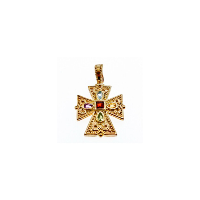 925 STERLING SILVER GOLD PLATED MULTI GEMSTONES CROSS PENDANT