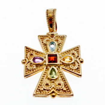925 Sterling Silver Gold Plated Multi Gemstones Cross Pendant