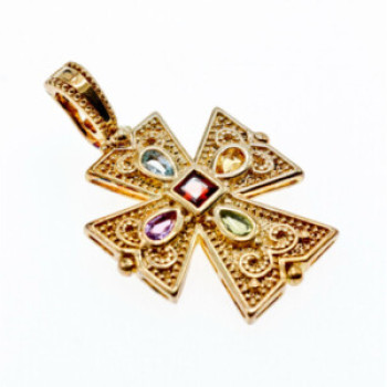 925 Sterling Silver Gold Plated Multi Gemstones Cross Pendant
