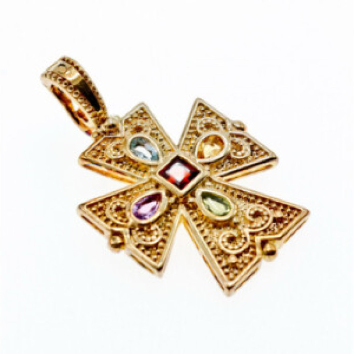 925 Sterling Silver Gold Plated Multi Gemstones Cross Pendant