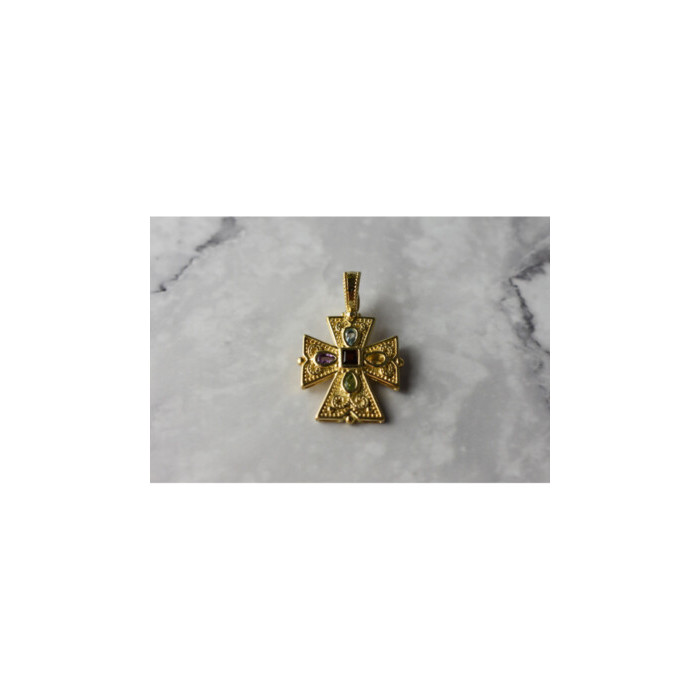 925 STERLING SILVER GOLD PLATED MULTI GEMSTONES CROSS PENDANT