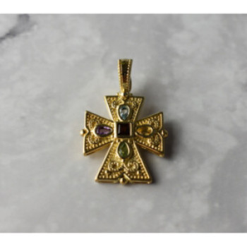 925 Sterling Silver Gold Plated Multi Gemstones Cross Pendant