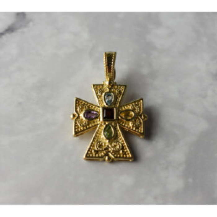 925 Sterling Silver Gold Plated Multi Gemstones Cross Pendant