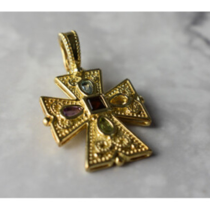 925 Sterling Silver Gold Plated Multi Gemstones Cross Pendant