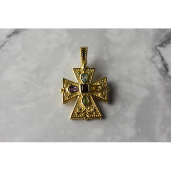 925 STERLING SILVER GOLD PLATED MULTI GEMSTONES CROSS PENDANT