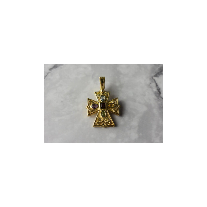 925 STERLING SILVER GOLD PLATED MULTI GEMSTONES CROSS PENDANT
