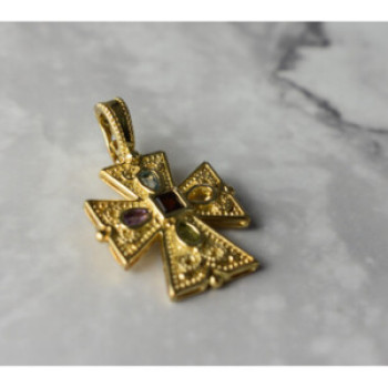 925 Sterling Silver Gold Plated Multi Gemstones Cross Pendant