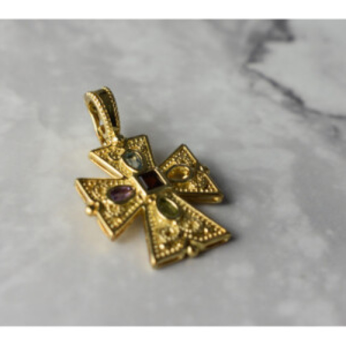 925 Sterling Silver Gold Plated Multi Gemstones Cross Pendant