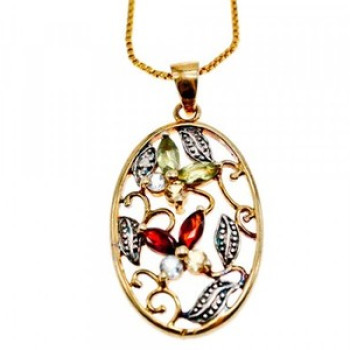 925 Sterling Silver Gold Plated Multi Gemstones Chain With Pendant