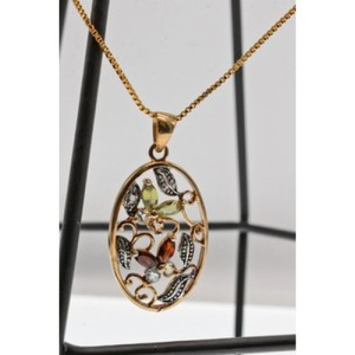 925 Sterling Silver Gold Plated Multi Gemstones Chain With Pendant