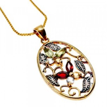925 Sterling Silver Gold Plated Multi Gemstones Chain With Pendant