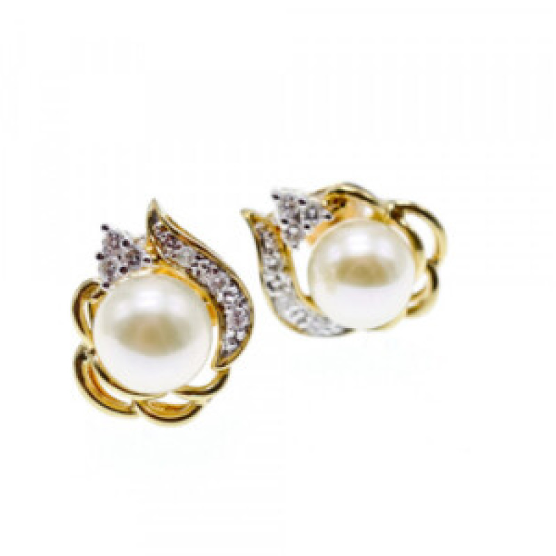 14K Yellow Gold Pearl & Diamonds Earrings