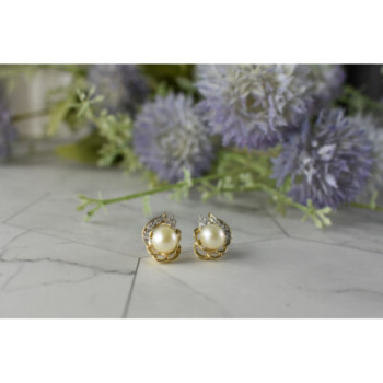 14K YELLOW GOLD PEARL & DIAMONDS EARRINGS