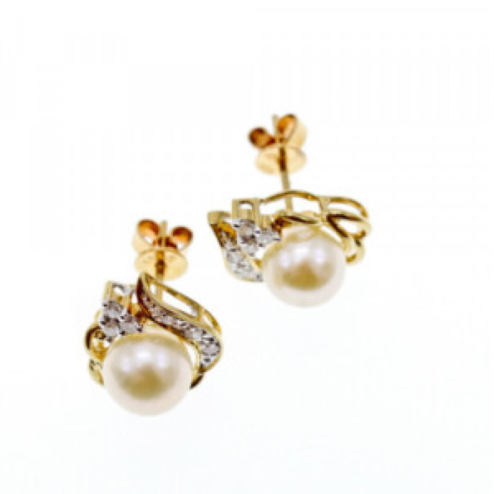 14K Yellow Gold Pearl & Diamonds Earrings