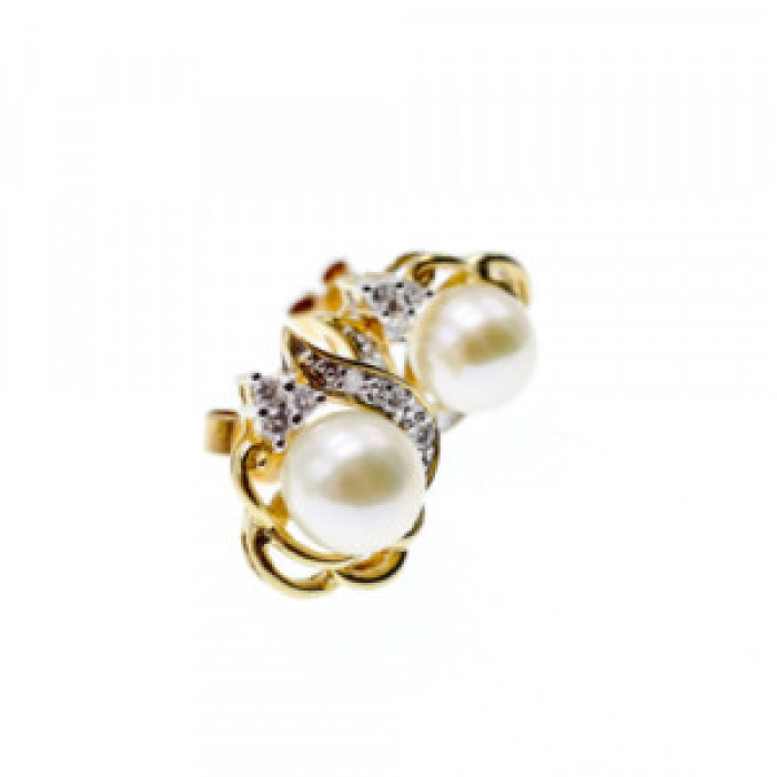 14K Yellow Gold Pearl & Diamonds Earrings