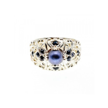 925 STERLING SILVER PEARL & SAPPHIRES RING SIZE 6.75