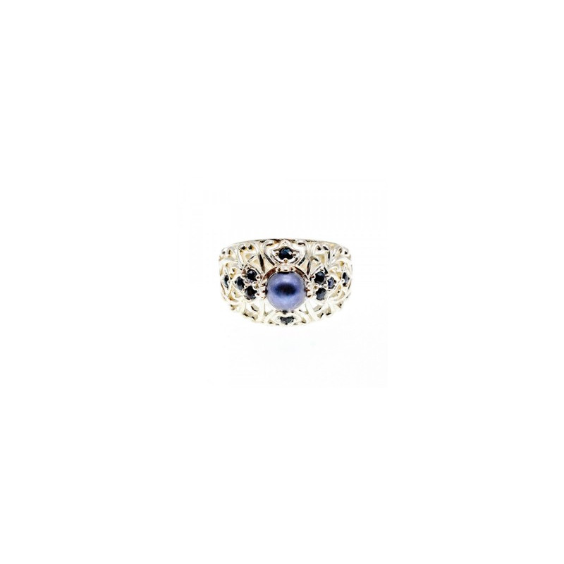 925 STERLING SILVER PEARL & SAPPHIRES RING SIZE 6.75