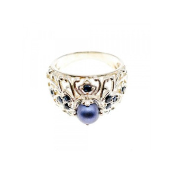 925 STERLING SILVER PEARL & SAPPHIRES RING SIZE 6.75