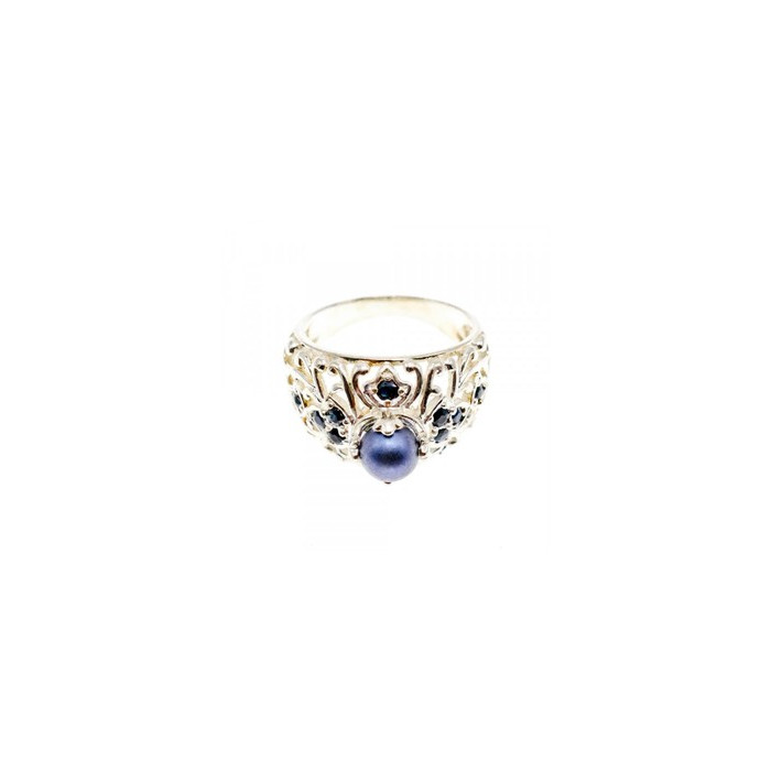 925 STERLING SILVER PEARL & SAPPHIRES RING SIZE 6.75