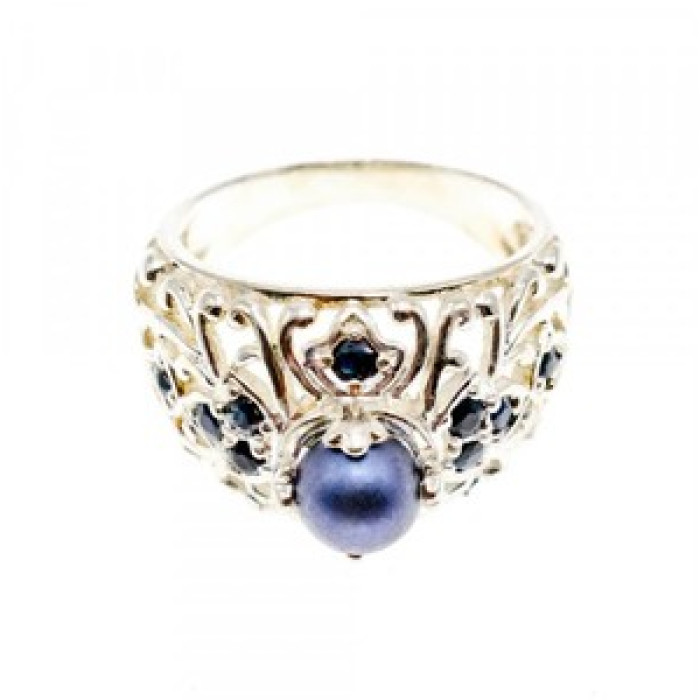 925 Sterling Silver Pearl & Sapphires Ring Size 6.75