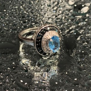 925 Sterling Silver Aquamarine & Spinel Ring Size 6.75