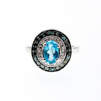 925 Sterling Silver Aquamarine & Spinel Ring Size 6.75